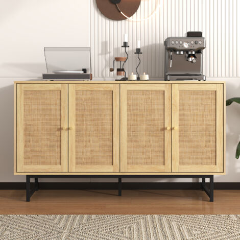 Buffet mesurant 140x39,5x80 cm avec véritable tressage en rotin, 4 portes.