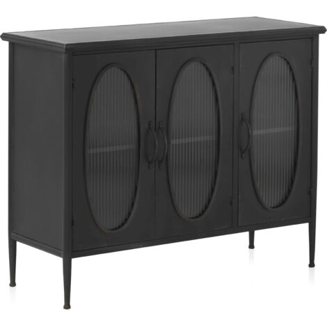 Buffet métal noir portes ovales verre ondulé esprit industriel - noir vieilli verre ondulé semi opaque