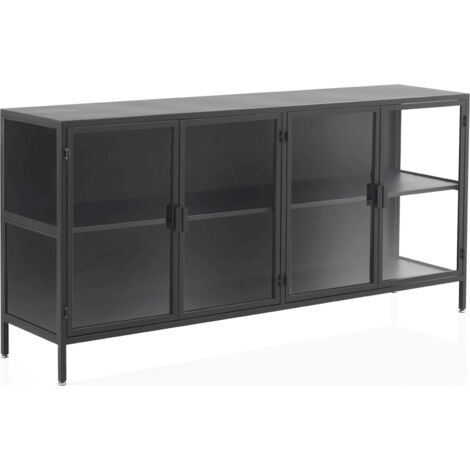 Buffet métal noir portes vitrées style industriel élégant - noir métal et verre transparent