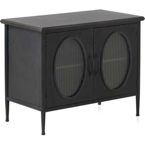 Buffet métal noir vieilli portes ovales verre ondulé - noir vieilli verre ondulé semi opaque