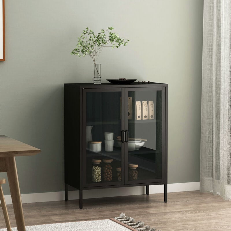 Buffet métallique avec portes vitrées Fauske acier verre trempé 102 x 80 x 40 cm noir [en.casa]