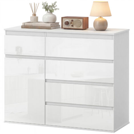 Buffet, meuble à 5 tiroirs, étagère réglable, blanc brillant.