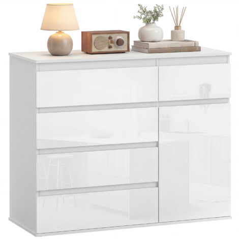 Buffet, meuble avec 5 tiroirs, étagère réglable, blanc brillant.
