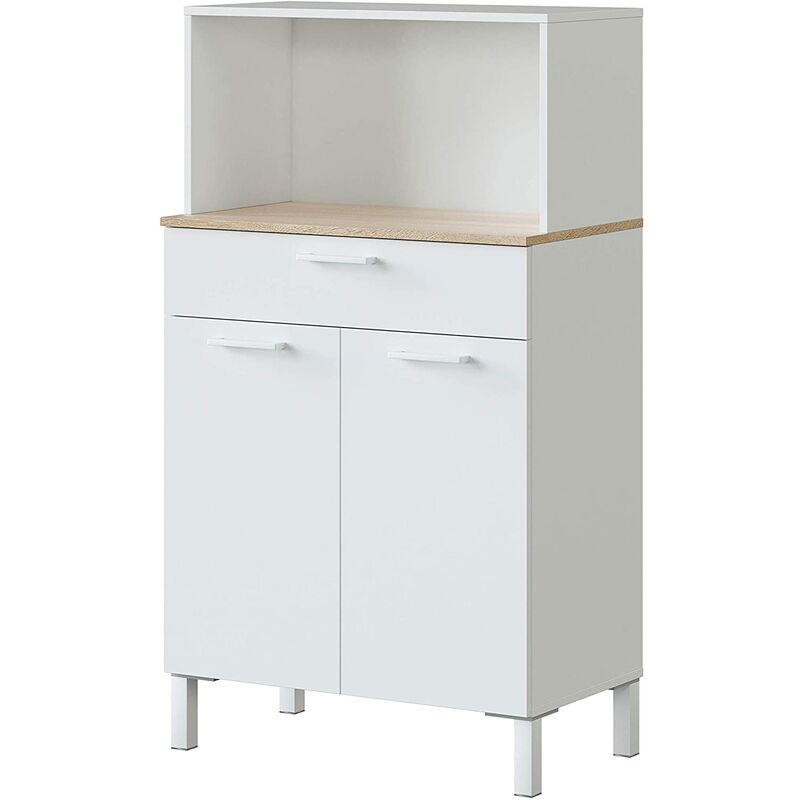 Pegane - Buffet meuble cuisine 2 portes + tiroir coloris blanc artic / chêne canadien - Hauteur 126 cm x Longueur 72 cm x Profondeur 40 cm