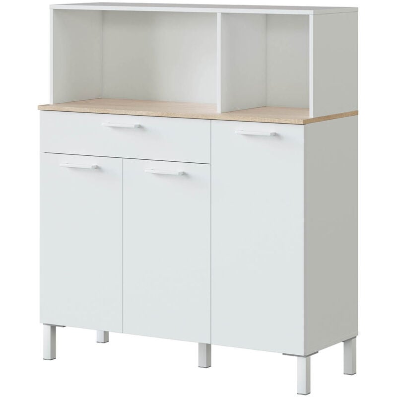 Pegane - Buffet meuble cuisine 3 portes + tiroir coloris blanc artic / chêne canadien - Hauteur 126 cm x Longueur 108 cm x Profondeur 40 cm