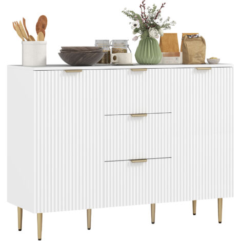 Buffet meuble cuisine rangement avec 3 tiroirs. étagères réglables. placards à portes cannelées. 120 x 40 x 90 cm. blanc