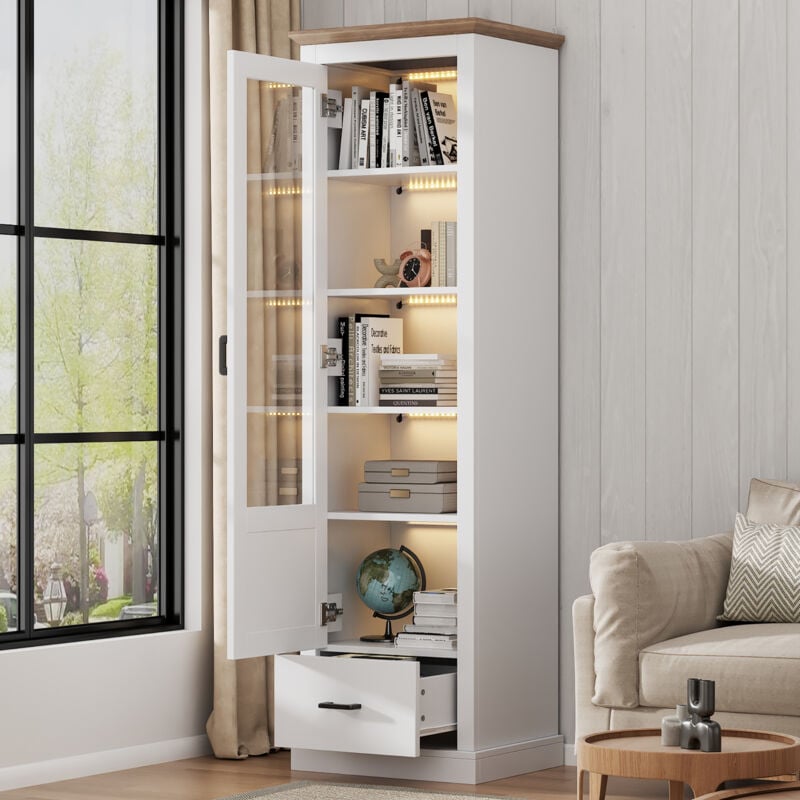 Hauss Spole - Vitrine 50x35x178 cm, 5 compartiments, 1 tiroir,avec led et télécommande 16 couleurs, mdf, blanc mat