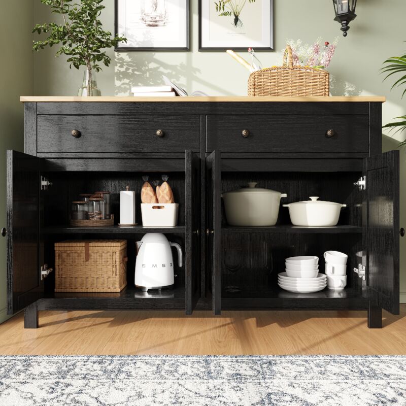 Buffet, meuble de cuisine 140×40×89cm, 2 tiroirs, 4 portes avec étagères réglables, meuble de salon, MDF - HAUSS SPOLE, noir