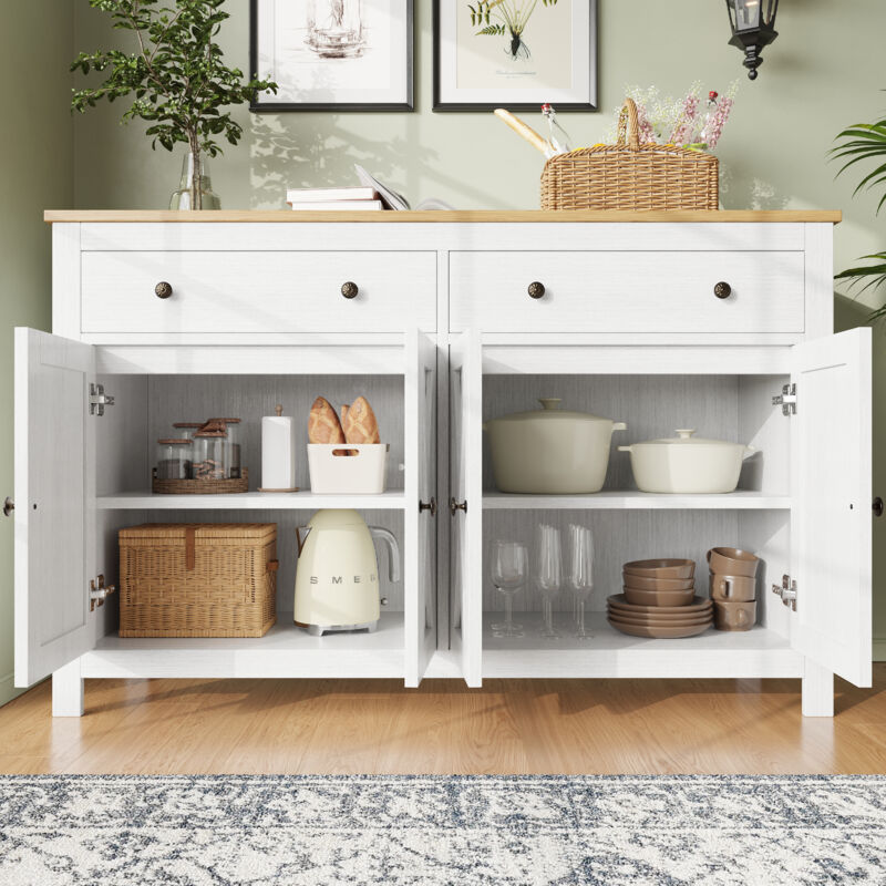 Buffet, meuble de cuisine 140×40×89cm, 2 tiroirs, 4 portes avec étagères réglables, meuble de salon, mdf Hauss Spole blanc