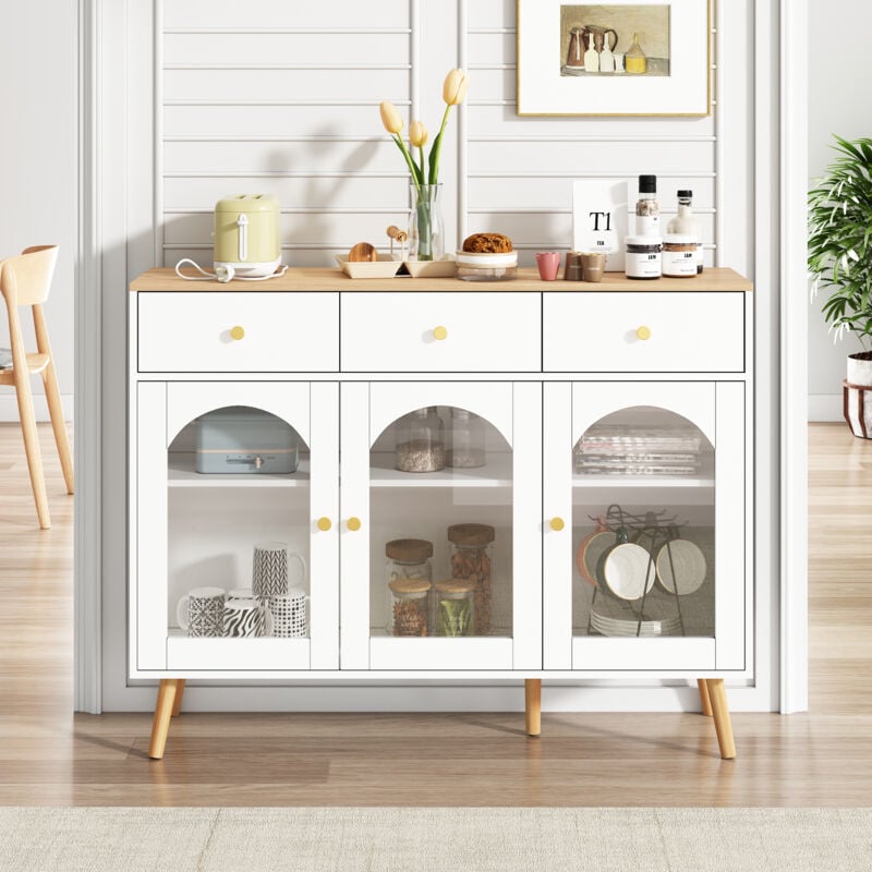 Buffet, meuble de cuisine avec rangement, blanc, 3 tiroirs + 2 étagère + 3 porte vitrée, 120x34x94cm