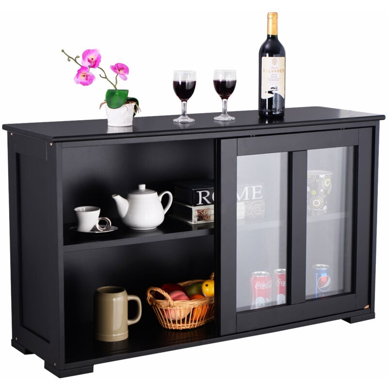 Buffet Meuble de Cuisine Cabinet de Stockage Placard Verre Porte Coulissante Noir en MDF de Haute Qulaité CW52606
