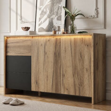 Buffet, meuble de cuisine, commode à 3 tiroirs et 2 portes, éclairage LED multicolore, idéal pour le salon, la salle à manger ou l'entrée. Dimensions : L 120 x H 76 x P 40 cm. Finition bois et noir.