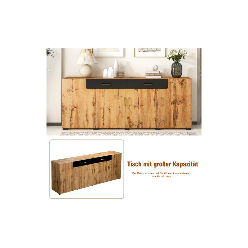 Buffet, meuble de cuisine, meuble de rangement, 208 x 39,5 x 80 cm, commode à 4 portes, 2 tiroirs, buffets