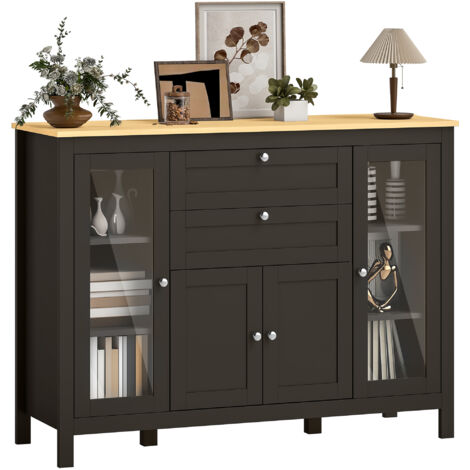 Buffet meuble de rangement 1 placard double porte 2 placards à porte vitrée 2 tiroirs étagère réglable 120x40x90cm noir