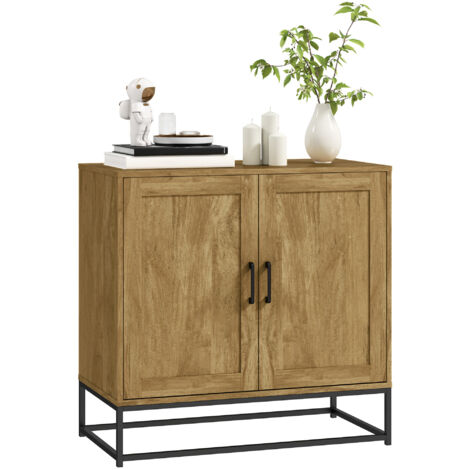 Buffet meuble de rangement 2 portes avec étagère intérieur réglable en hauteur 80l x 40P x 78H cm, bois naturel