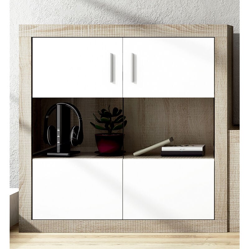 Buffet, meuble de rangement 2 portes coloris chêne cambrian, blanc - Longueur 110 x profondeur 34,60 x hauteur 110 cm Pegane