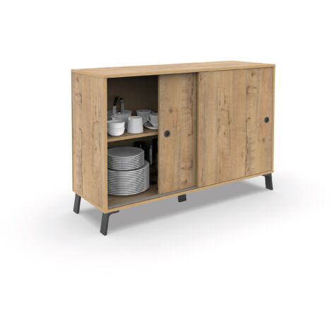 Buffet meuble de rangement 2 portes coulissantes et 4 compartiments coloris Chêne doré - Longueur 120 x Profondeur 40 x Hauteur 87 cm