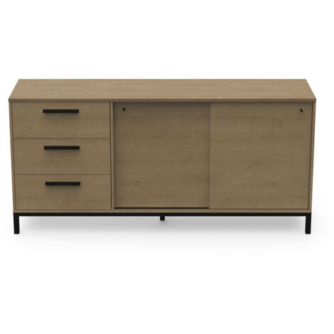 Buffet meuble de rangement 2 portes et 3 tiroirs couleur chêne / noir mat - Largeur 181 x Profondeur 44,9 x Hauteur 86 cm