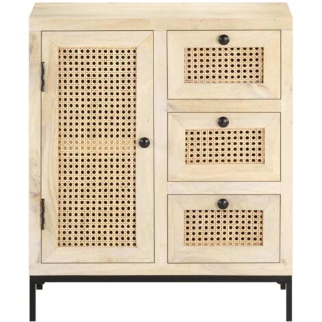 Buffet Meuble de rangement 60x35x70 cm Bois de manguier massif et canne naturelle