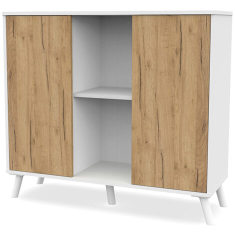 Buffet meuble de rangement à 2 portes et 2 niches centrales coloris Blanc/chêne - Longueur 100 x Hauteur 90 x Profondeur 35 cm