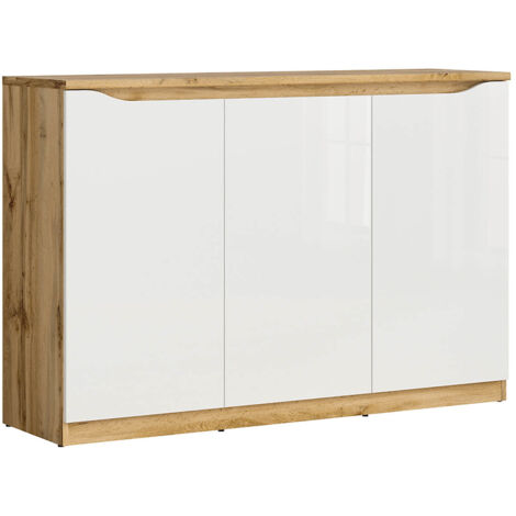Buffet Meuble de rangement à 3 portes, coloris chêne Wotan/blanc brillant - Longueur 135 x Profondeur 39,5 x Hauteur 91,5 cm
