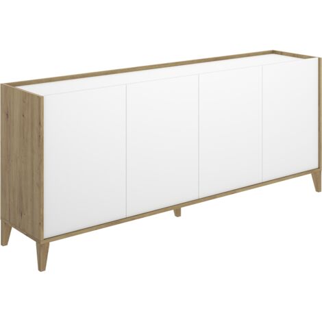 Buffet meuble de rangement à 4 portes, naturel/blanc - Hauteur 77,5 x Longueur 184 x Profondeur 40 cm