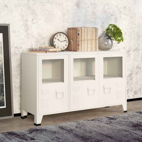Buffet, Meuble de Rangement, Armoire de Cuisine industriel Blanc 105x35x62 cm Métal et verre RDS1158