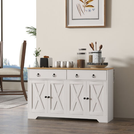Buffet meuble de rangement armoire de cuisine style rural 2 tiroirs et 2 placards étagères à hauteurs réglables blanc