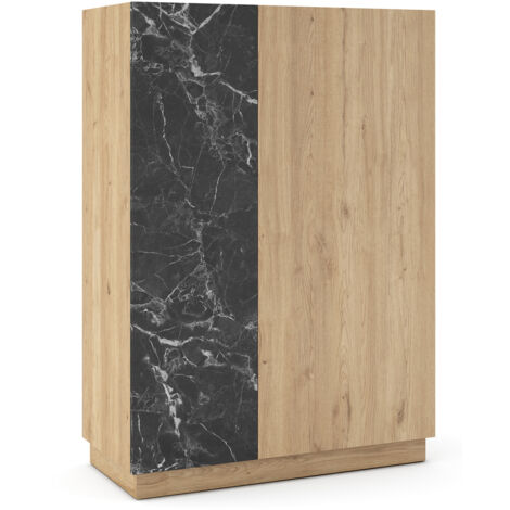 Buffet, meuble de rangement aspect bois avec 2 portes coloris naturel et effet marbre noir - Longueur 90 x Profondeur 41,8 x Hauteur 127 cm