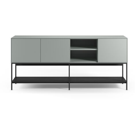 Buffet, meuble de rangement aspect bois avec 3 portes coloris Vert, pieds en métal noir  - Longueur 180 x Profondeur 40 x Hauteur 80 cm