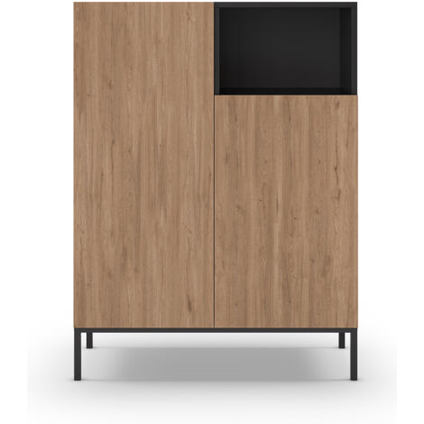 Buffet, meuble de rangement aspect bois coloris naturel et noir avec 2 portes, pieds en métal coloris noir - Longueur 90 x Profondeur 40 x Hauteur 120 cm