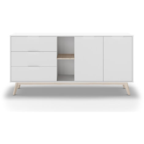 Buffet, meuble de rangement avec 2 portes, 2 niches et 3 tiroirs en pin coloris blanc/naturel -Longueur 165 x Profondeur 40 x Hauteur 81 cm