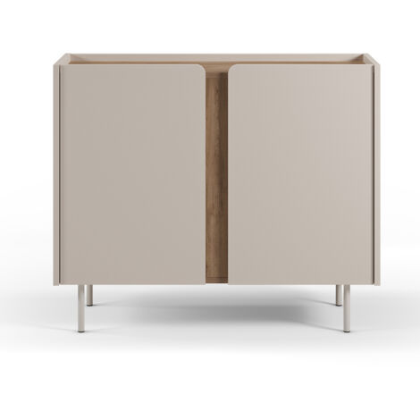 Buffet, meuble de rangement avec 2 portes aspect bois coloris crème, chêne et pieds en métal - Longueur 100 x Profondeur 40 x Hauteur 82,50 cm