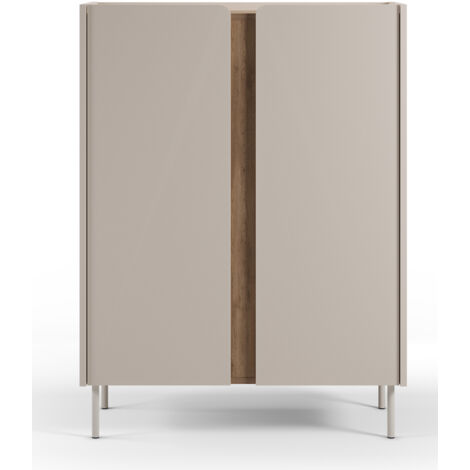 Buffet, meuble de rangement avec 2 portes aspect bois coloris crème, chêne et pieds en métal - Longueur 90 x Profondeur 40,50 x Hauteur 120 cm