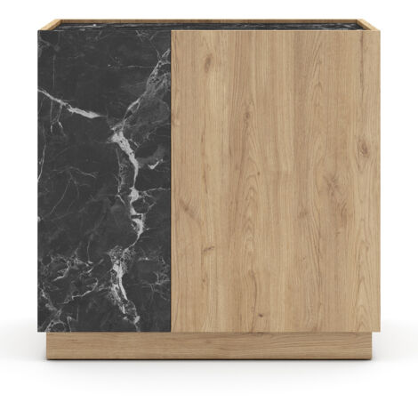 Buffet, meuble de rangement avec 2 portes aspect bois coloris naturel et effet marbre noir - Longueur 80 x Profondeur 41,80 x Hauteur 78,50 cm