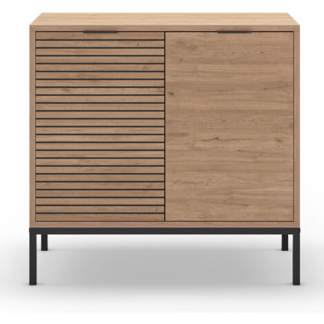 Buffet, meuble de rangement avec 2 portes aspect bois coloris naturel, pieds en métal coloris noir  - Longueur 80 x Profondeur 40 x Hauteur 80 cm