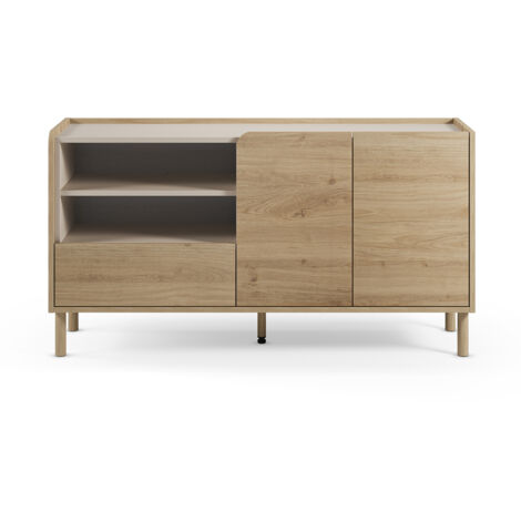 Buffet, meuble de rangement avec 2 portes et 1 tiroir aspect bois coloris chêne - Longueur 141 x Profondeur 44 x Hauteur 75,50 cm