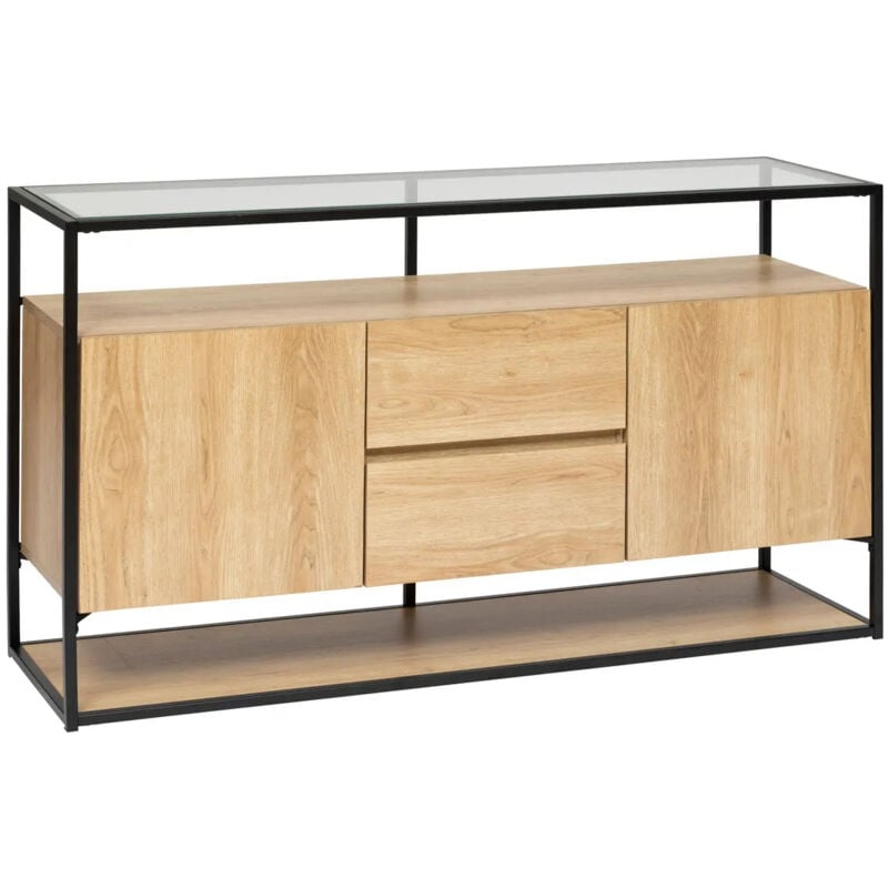 Buffet, meuble de rangement avec 2 portes et 2 tiroirs en bois coloris naturel et métal noir - Longueur 140 x Profondeur 40 x Hauteur 80 cm