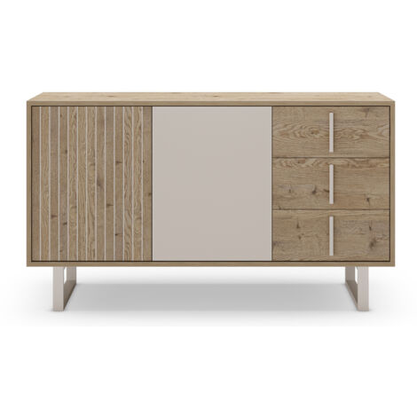 Buffet, meuble de rangement avec 2 portes et 3 tiroirs aspect bois coloris chêne et métal coloris gris - Longueur 140 x Profondeur 40 x Hauteur 80 cm