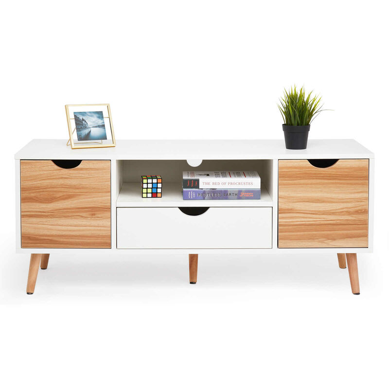 meerveil - buffet-meuble de rangement avec 2 portes, une etagere ouverte, pieds en bois massif style minimaliste moderne, blanc et