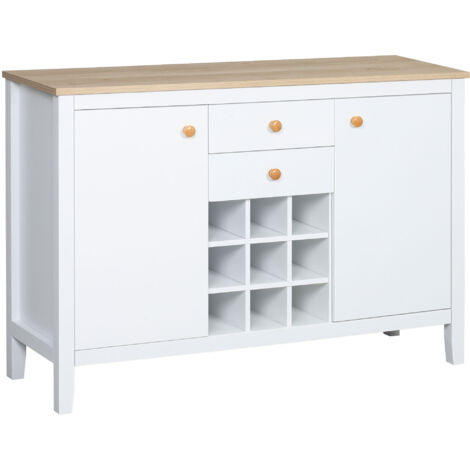 Buffet meuble de rangement avec 2 tiroirs, 2 portes étagères réglables et porte-bouteilles pour 9 bouteilles, blanc