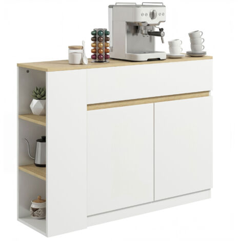 Buffet meuble de rangement avec 2 tiroirs 3 étagères ouvertes et placard 2 portes 110 x 29,5 x 82 cm blanc