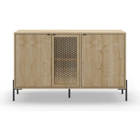 Buffet, meuble de rangement avec 3 portes aspect bois coloris chêne et pieds en métal noir - Longueur 125,60 x Profondeur 40 x Hauteur 80,50 cm