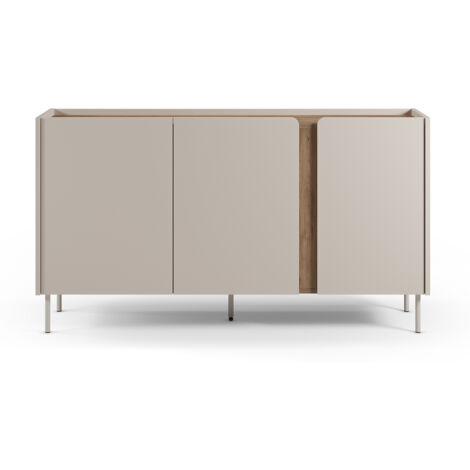 Buffet, meuble de rangement avec 3 portes aspect bois coloris crème, chêne et pieds en métal - Longueur 150 x Profondeur 40,5 x Hauteur 82,50 cm