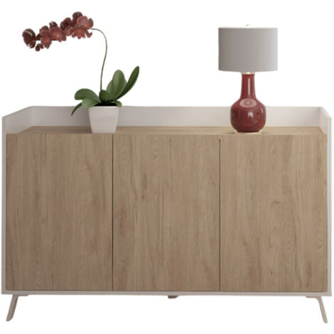 Buffet, meuble de rangement avec 3 portes coloris blanc, chêne  - Hauteur 87 x Longueur 140 x profondeur 40 cm