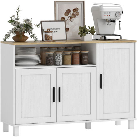Buffet, meuble de rangement avec 3 portes, compartiment ouvert et étagères réglables, 110 x 33 x 75 cm, blanc