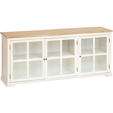 Buffet, meuble de rangement avec 3 portes en bois naturel , blanc et verre - Longueur 180  x Profondeur 45 x Hauteur 80  cm