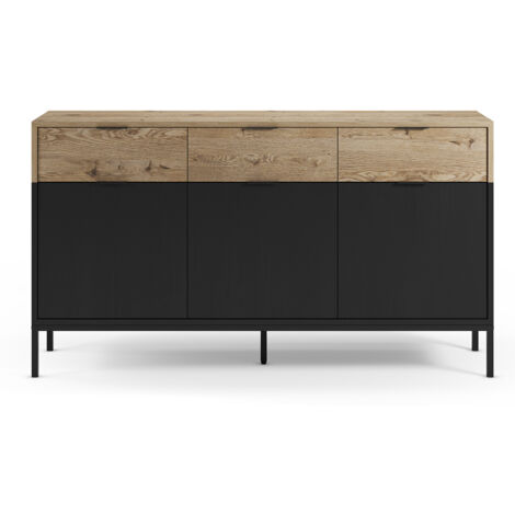 Buffet, meuble de rangement avec 3 portes et 3 tiroirs aspect bois coloris chêne et pieds en métal noir - Longueur 150 x Profondeur 40 x Hauteur 80 cm