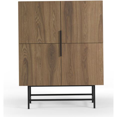 Buffet, meuble de rangement avec 4 portes aspect bois coloris chêne, pieds en métal coloris noir - Longueur 100 x Profondeur 40 x Hauteur 128 cm