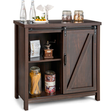 Buffet Meuble de Rangement avec Porte Coulissante de Grange & 4 Compartiments, Commode à Bar de Café Fermier pour Cuisine, Salon, Marron